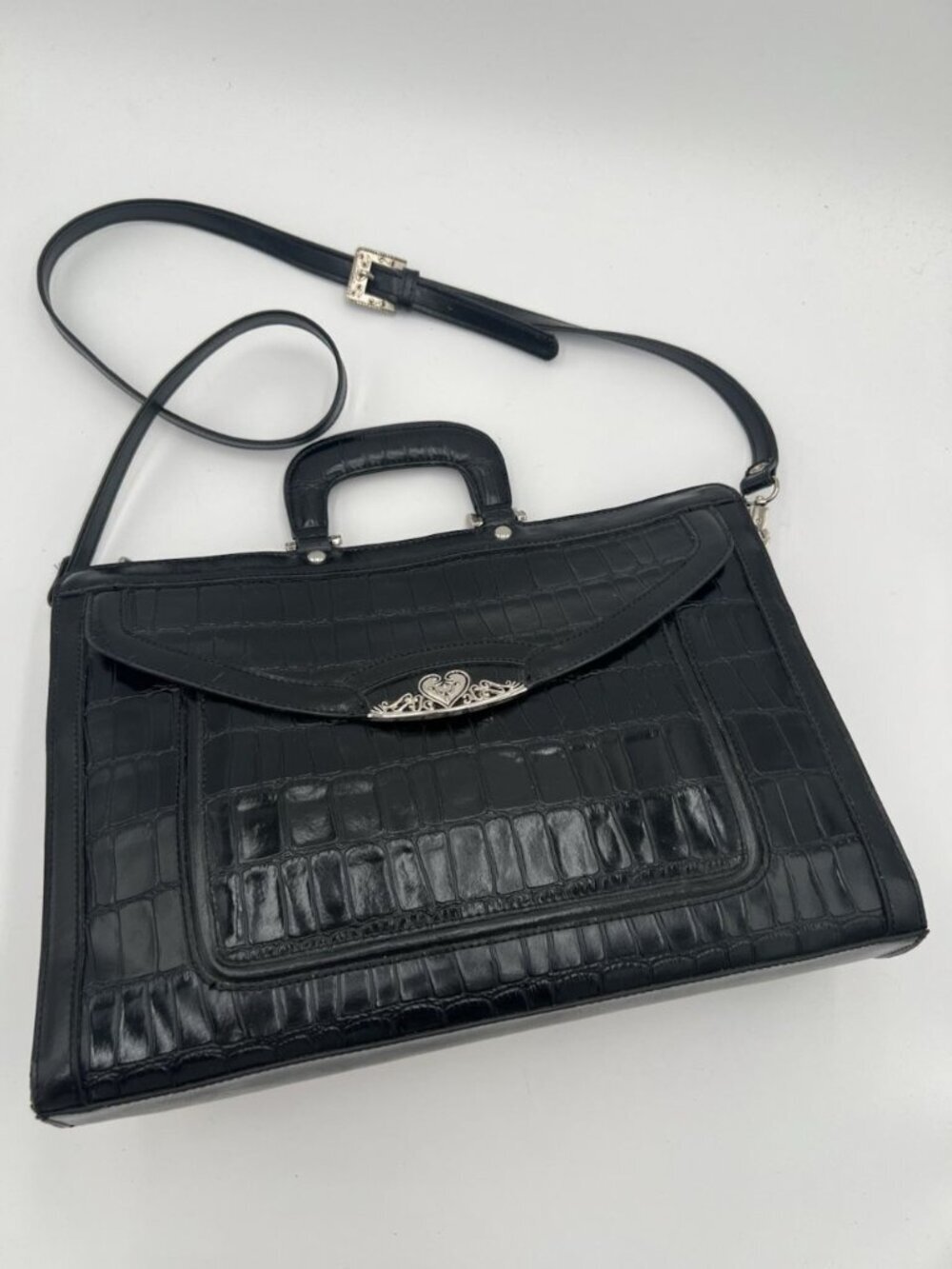 Vintage Marc Chantal Black Faux Croc Briefcase Satchel Crossbody Silver Hardware